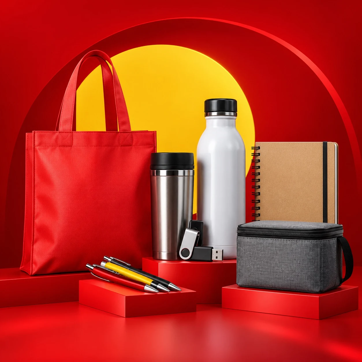 Colección de bolsas, termos, botellas, bolígrafos, libreta, memoria USB y cooler para personalizar con tu logo